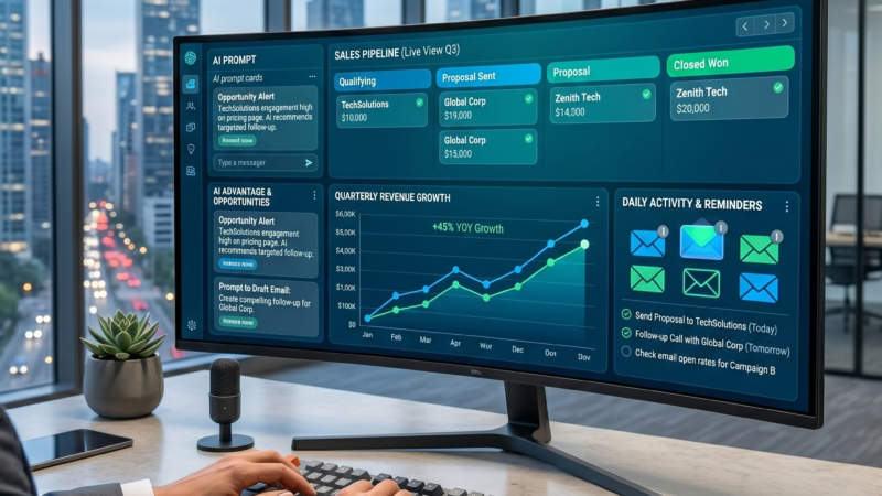 AI prompts for sales teams with digital sales dashboard and growth chart