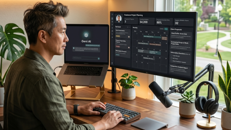 AI prompts for freelancers showing client outreach, proposals, and project planning